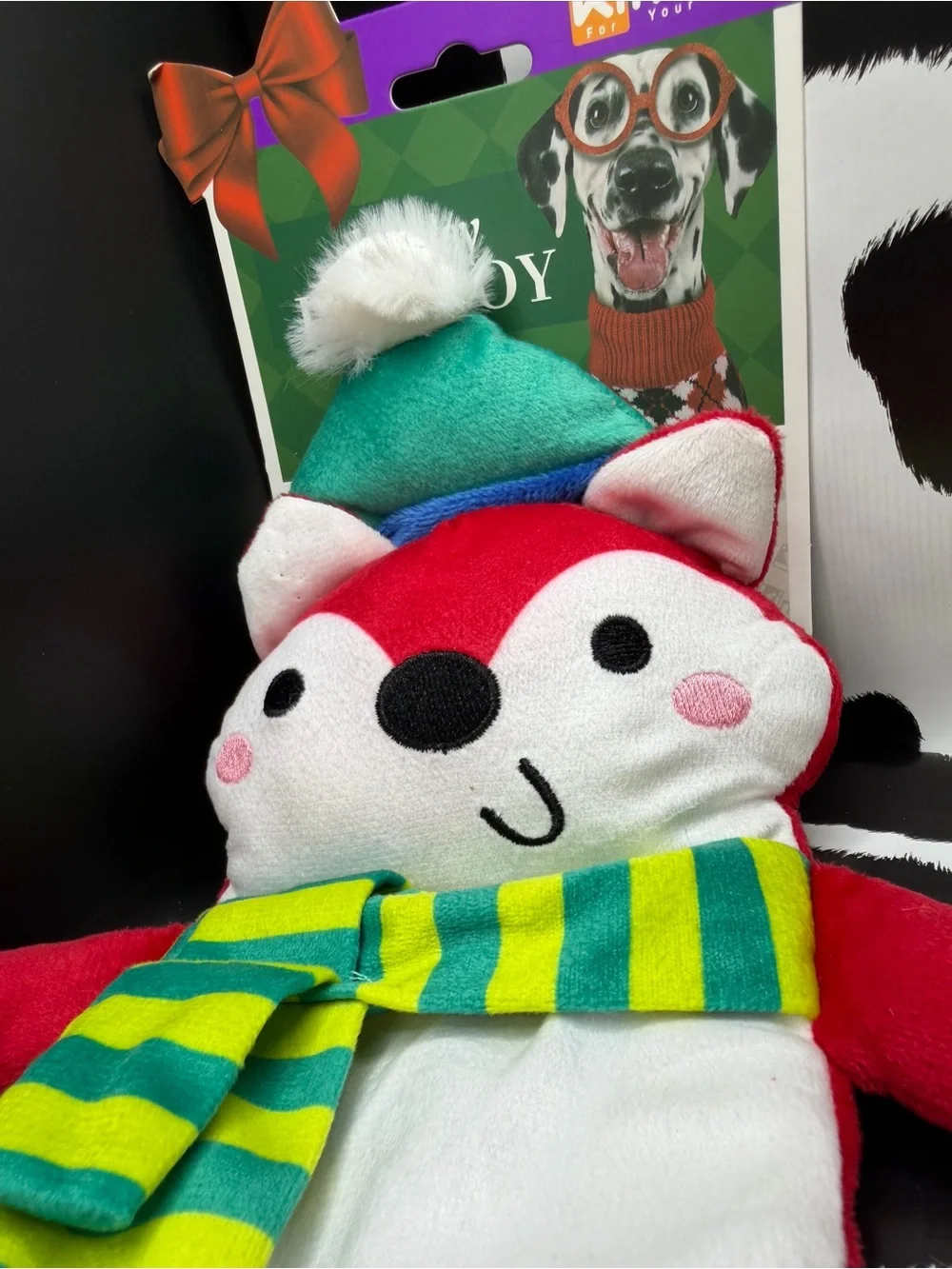 Red Plush Fox with Striped Green-Yellow Scarf Durable Dual-Sound Dog Toy